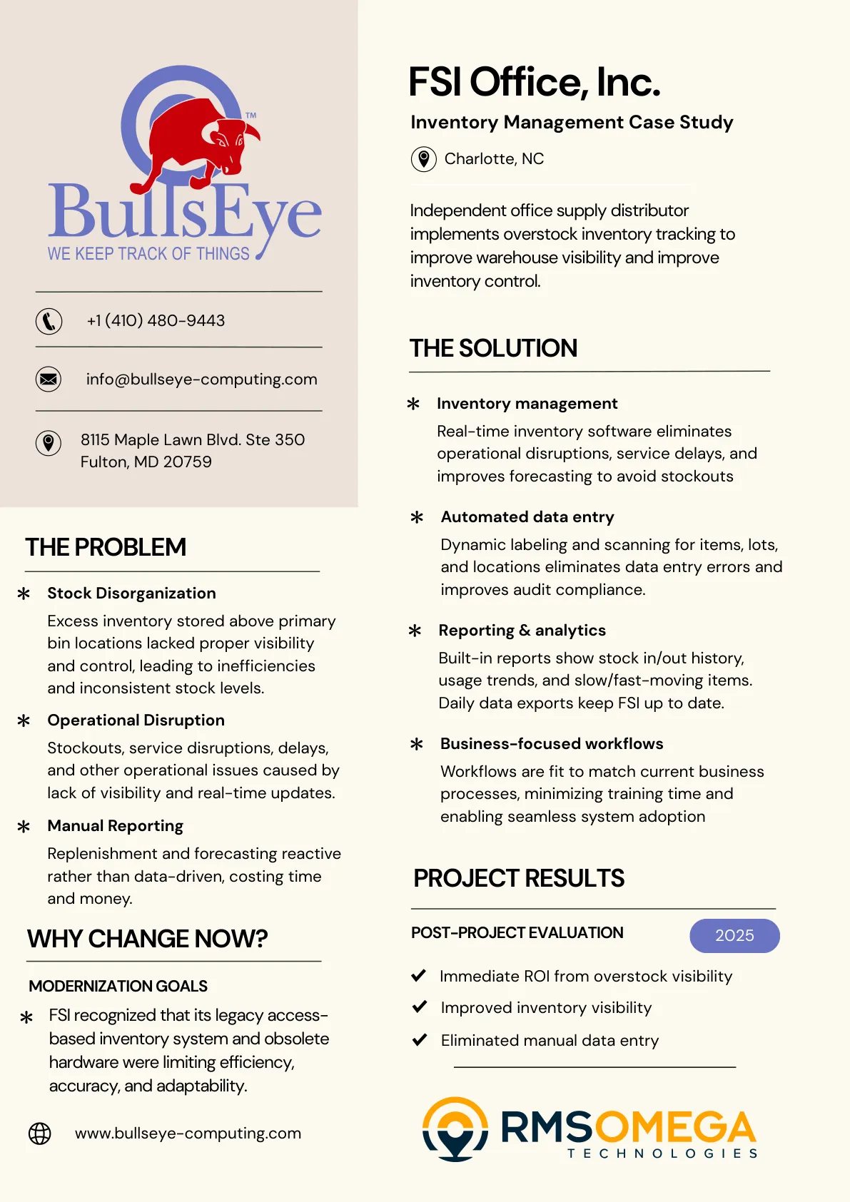 One-page FSI Office inventory management case study. FSI Office, Inc., an independent office supply distributor in Charlotte, NC, implemented overstock inventory tracking to improve warehouse visibility and inventory control. The problem: excess inventory stored above primary bin locations lacked visibility and control, leading to inefficiencies and inconsistent stock levels; stockouts, service disruptions, and delays were caused by a lack of real-time updates; replenishment and forecasting were reactive rather than data-driven. Why change now: FSI recognized that its legacy Access-based inventory system and obsolete hardware were limiting efficiency, accuracy, and adaptability. The solution: real-time inventory software that eliminates operational disruptions and improves forecasting to avoid stockouts; dynamic labeling and scanning for items, lots, and locations that eliminates data entry errors and improves audit compliance; built-in reports showing stock in and out history, usage trends, and slow and fast-moving items, with daily data exports; workflows fit to current business processes to minimize training time. Project results, post-project evaluation: immediate ROI from overstock visibility, improved inventory visibility, and eliminated manual data entry. Delivered with partner RMS Omega Technologies. Contact BullsEye Computing at 410-480-9443 or info@bullseye-computing.com.